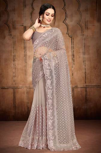 Grey Heavy Zari Resham Stone Embroidered Net Wedding Saree With Blouse Piece
