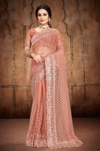 Rust Heavy Zari Resham Stone Embroidered Net Wedding Saree With Blouse Piece