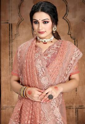 Rust Heavy Zari Resham Stone Embroidered Net Wedding Saree With Blouse Piece 2