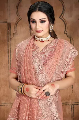 Rust Heavy Zari Resham Stone Embroidered Net Wedding Saree With Blouse Piece