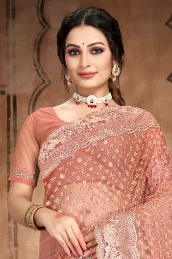 Rust Heavy Zari Resham Stone Embroidered Net Wedding Saree With Blouse Piece