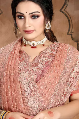 Rust Heavy Zari Resham Stone Embroidered Net Wedding Saree With Blouse Piece