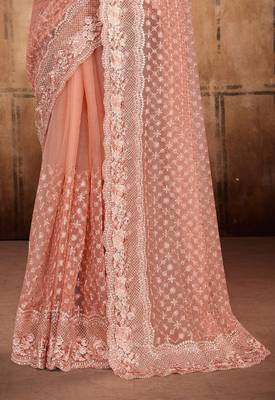 Rust Heavy Zari Resham Stone Embroidered Net Wedding Saree With Blouse Piece 5