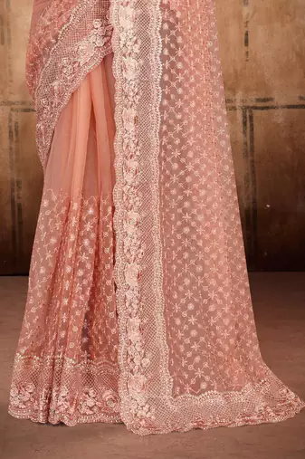 Rust Heavy Zari Resham Stone Embroidered Net Wedding Saree With Blouse Piece