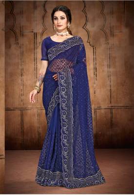 Navy Blue Heavy Zari Resham Stone Embroidered Net Wedding Saree With Blouse Piece 1