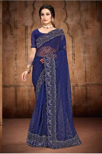Navy Blue Heavy Zari Resham Stone Embroidered Net Wedding Saree With Blouse Piece
