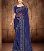 Navy Blue Heavy Zari Resham Stone Embroidered Net Wedding Saree With Blouse Piece