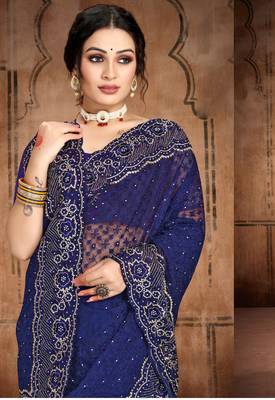 Navy Blue Heavy Zari Resham Stone Embroidered Net Wedding Saree With Blouse Piece 2