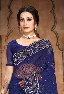Navy Blue Heavy Zari Resham Stone Embroidered Net Wedding Saree With Blouse Piece 3