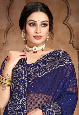 Navy Blue Heavy Zari Resham Stone Embroidered Net Wedding Saree With Blouse Piece 4