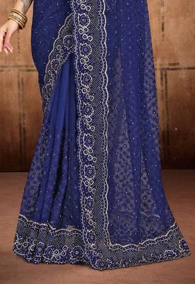 Navy Blue Heavy Zari Resham Stone Embroidered Net Wedding Saree With Blouse Piece 5