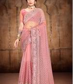 Pink Heavy Zari Resham Stone Embroidered Net Wedding Saree With Blouse Piece