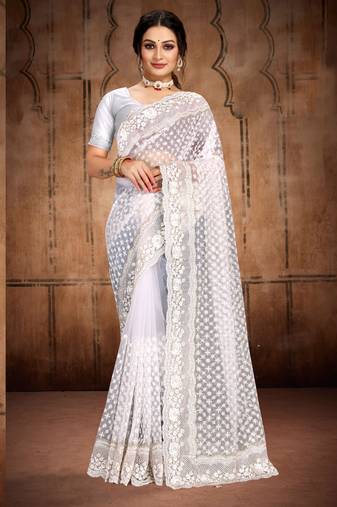 White Heavy Zari Resham Stone Embroidered Net Wedding Saree With Blouse Piece