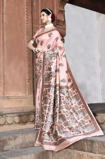 Elora pure tussar silk kantha work saree for women (light pink)