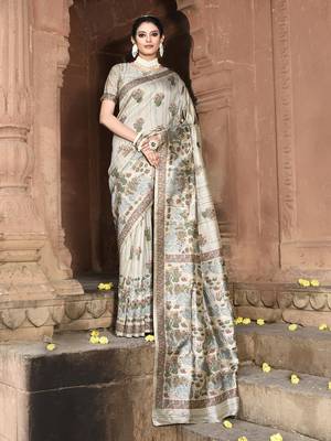 Elora pure tussar silk kantha work saree for women (dusty grey) 1