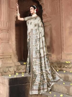 Elora pure tussar silk kantha work saree for women (dusty grey) 2