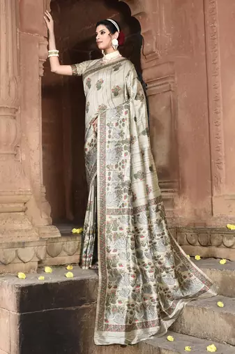 Elora pure tussar silk kantha work saree for women (dusty grey)