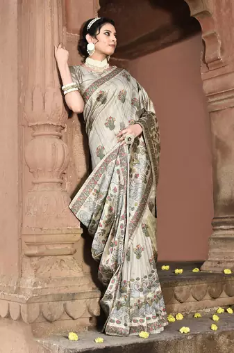 Elora pure tussar silk kantha work saree for women (dusty grey)