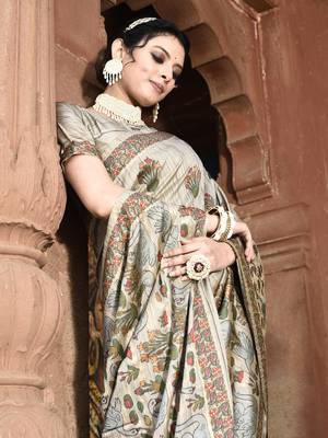 Elora pure tussar silk kantha work saree for women (dusty grey) 4