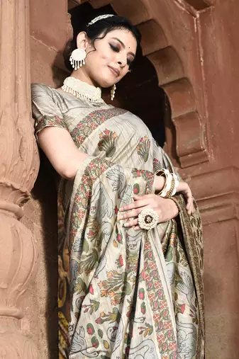 Elora pure tussar silk kantha work saree for women (dusty grey)