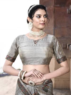 Elora pure tussar silk kantha work saree for women (dusty grey) 5