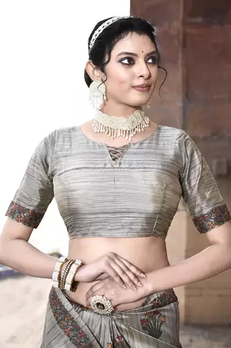 Elora pure tussar silk kantha work saree for women (dusty grey)