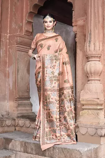 Elora pure tussar silk kantha work saree for women (peach)