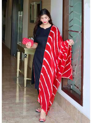 Indian Designer Ethnic A-Line Solid Kurti With Pant & Leheriya Printed Dupatta Set 1