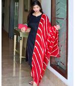 Indian Designer Ethnic A-Line Solid Kurti With Pant & Leheriya Printed Dupatta Set