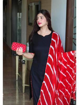 Indian Designer Ethnic A-Line Solid Kurti With Pant & Leheriya Printed Dupatta Set 2