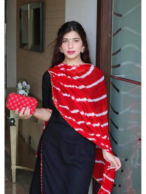 Indian Designer Ethnic A-Line Solid Kurti With Pant & Leheriya Printed Dupatta Set 3