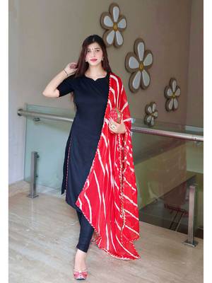 Indian Designer Ethnic A-Line Solid Kurti With Pant & Leheriya Printed Dupatta Set 4