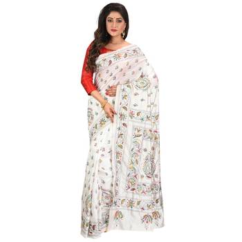 Aishani Collection Hand Embroidery Kantha Stitch Handloom Saree with bp (White) 1