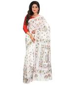 Aishani Collection Hand Embroidery Kantha Stitch Handloom Saree with bp (White)