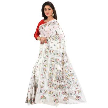 Aishani Collection Hand Embroidery Kantha Stitch Handloom Saree with bp (White) 2