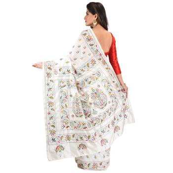 Aishani Collection Hand Embroidery Kantha Stitch Handloom Saree with bp (White) 3