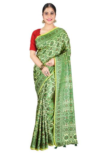 Aishani Collection Embroidery Assam Art Silk Handloom Saree with bp (Green)