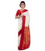 Aishani Collection Woven Gorod Silk Festive Saree with bp (White,Red)