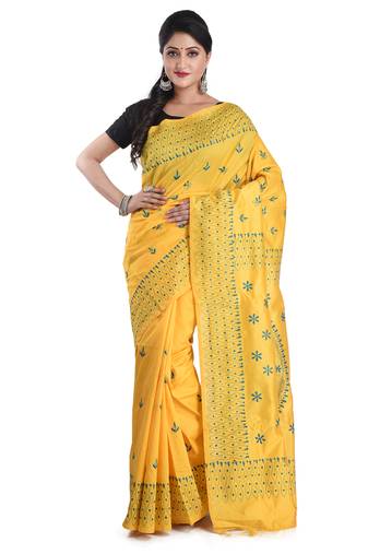 Aishani Collection Hand Embroidery Kantha Stitch Handloom Saree with bp (Yellow)