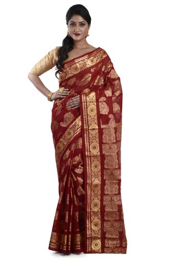 Aishani Collection Pure Cotton Resham Jamdani Handloom Saree with bp (Maroon)