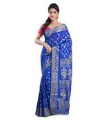 Aishani Collection Pure Cotton Resham Jamdani Handloom Saree with bp (Blue)