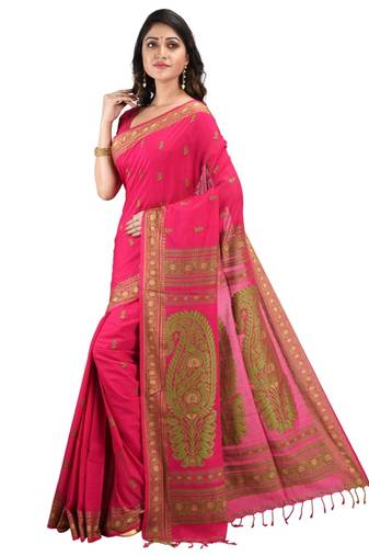 Aishani Collection Embroidery Hand Spun Cotton Baluchari Handloom Saree with bp (Dark Pink)