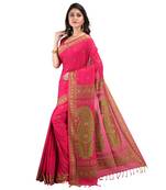Aishani Collection Embroidery Hand Spun Cotton Baluchari Handloom Saree with bp (Dark Pink)