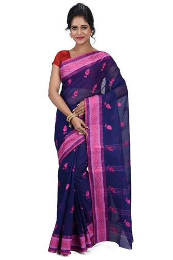 Aishani Collection Pure Cotton Tant Tangaile Handloom Saree with bp (Blue,Pink)