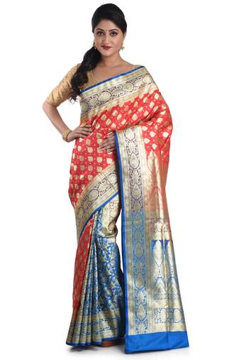 Aishani Collection Woven Katan Silk Banarasi Wedding Saree with bp (Peach, Blue)                           