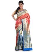 Aishani Collection Woven Katan Silk Banarasi Wedding Saree with bp (Peach, Blue)                           