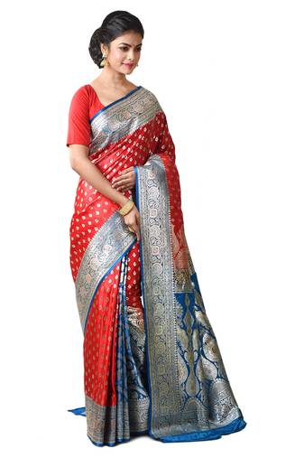 Aishani Collection Woven Katan Silk Banarasi Wedding Saree with bp (Red, Blue)
