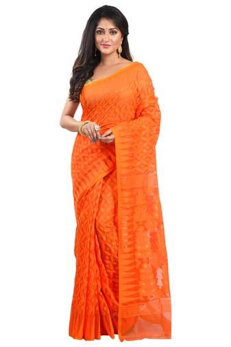 Aishani Collection Woven Cotton Silk Dhakai Jamdani Handloom Saree (Orange)