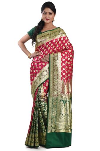 Aishani Collection Woven Katan Silk Banarasi Wedding Saree with bp (Pink,Green)