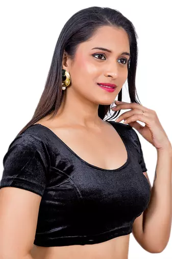 Velvet Black Short Sleeves Stretchable Readymade Saree Blouse